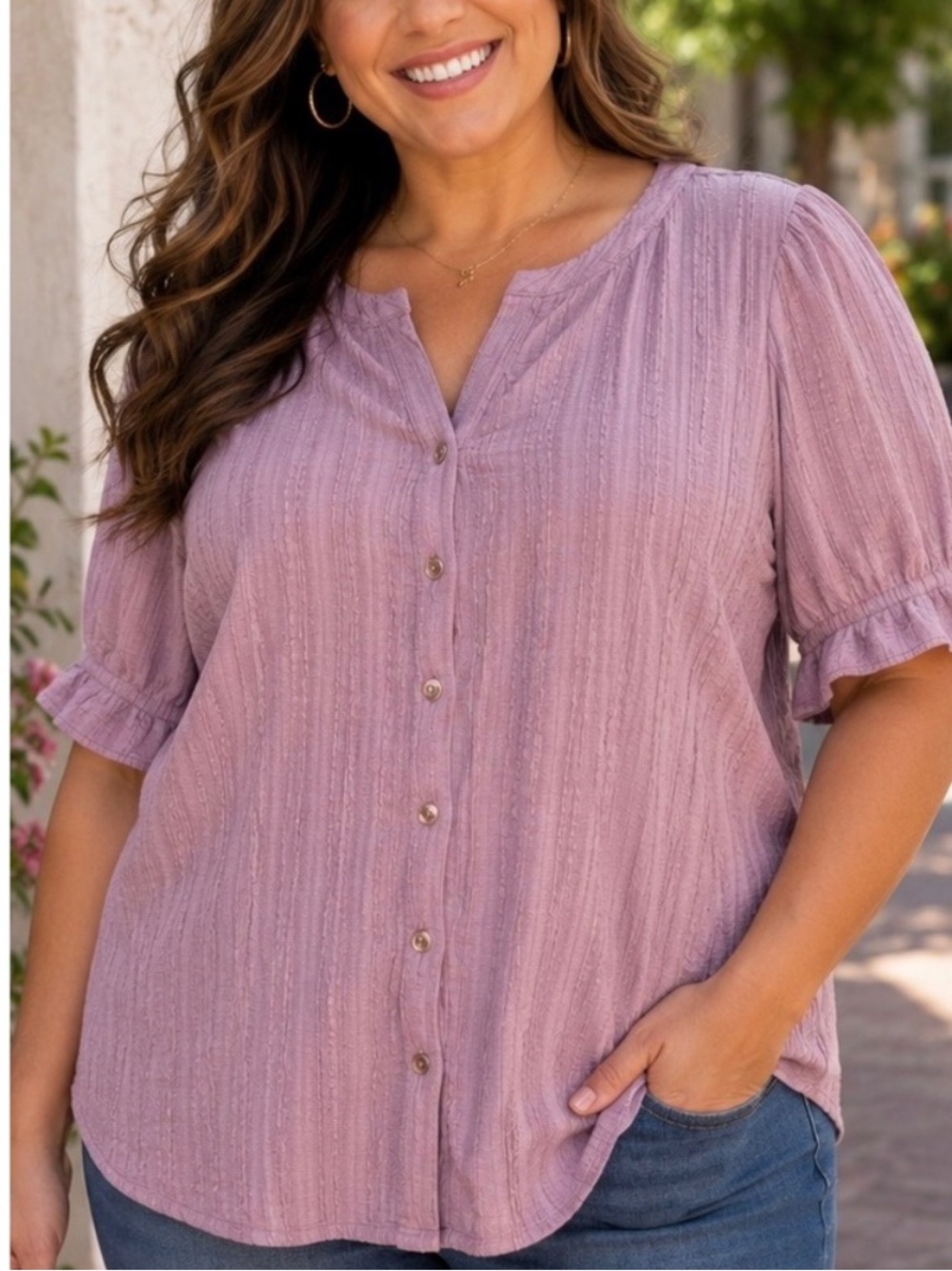 Cable & Gauge Dusty Mauve Button-Front Women's Top